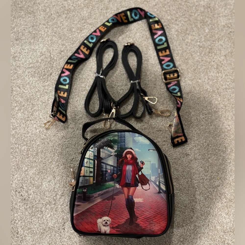NWT Mini Backpack/Bag/Purse with graphic of girl walking dog Love strap